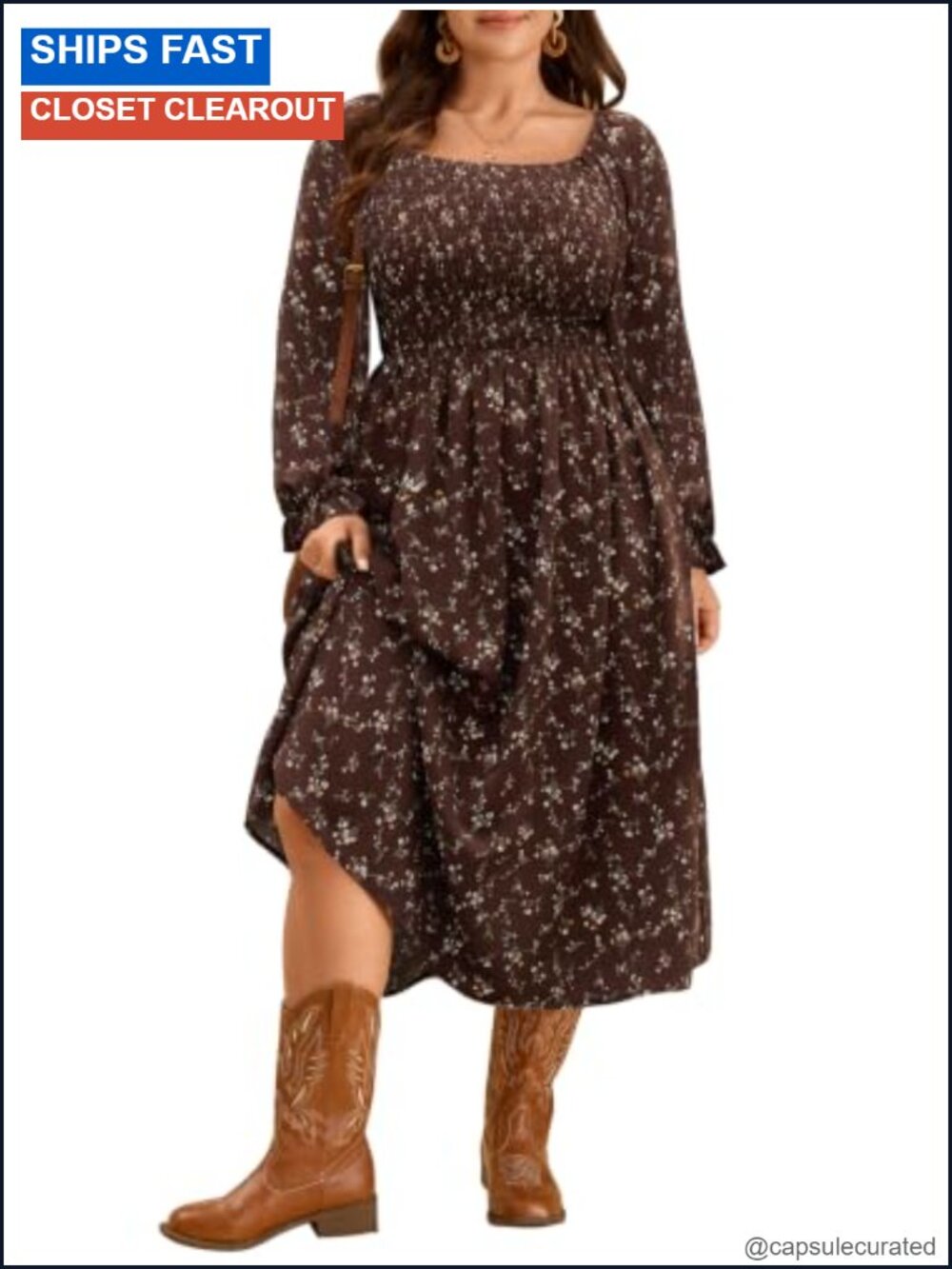 Plus Size Floral Smocked Maxi Dress Long Sleeve Square Neck